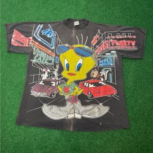 Vintage 90s Tweety Town Looney Tunes T-shirt, All Over Print, 42nd Street (XL)